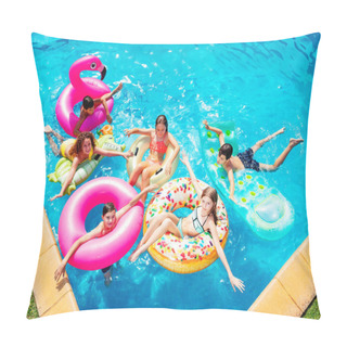 Personality  Group Of Many Happy Kids Friends Swim On Inflatable Ring Toys View From Above Pillow Covers