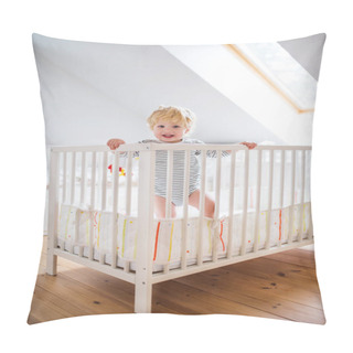 Personality  Cute Toddler Boy Standing In A Cot At Home. Pillow Covers