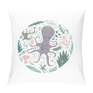 Personality  Cute Hand Drawn Color Vector Circle Pattern. Sea Character Cartoon Style. Sketch Animals. Web, Label, Decor Apparel Pillow Covers