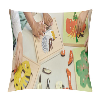 Personality  Partial View Of Kids Playing With Didactic Materials During Lesson In Montessori School, Banner Pillow Covers