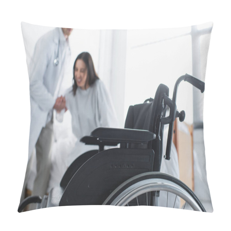 Personality  Modern Wheelchair Near Doctor With Patient On Blurred Background  Pillow Covers