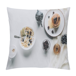Personality  Top View Of Fresh Healthy Tasty Breakfast With Coffee On Grey  Pillow Covers