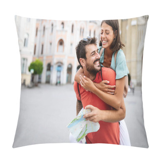 Personality  Happy Couple On Vacation Having Fun And Sightseeing City With Map Pillow Covers