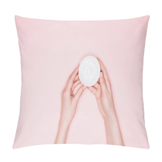 Personality  Cropped Shot Of Woman Holding Opened Can Of Moisturizing Cream Isolated On Pink Pillow Covers