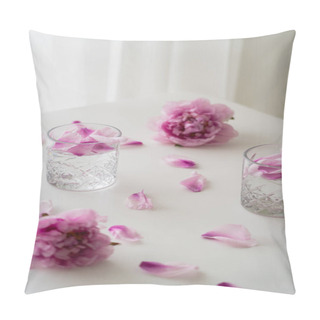 Personality  Fresh Peonies And Petals Near Glasses With Gin Tonic On White Tabletop And Grey Background Pillow Covers