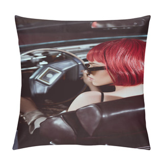 Personality  Young Woman In Red Wig And Sunglasses Driving Retro Car Pillow Covers