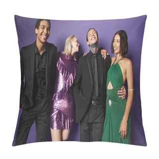 Personality  New Year 2024, Joyful Multiethnic Male And Female Friends In Festive Attire Hugging On Purple Pillow Covers