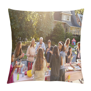 Personality  Neighbours Talk And Eat Around A Table At A Block Party Pillow Covers