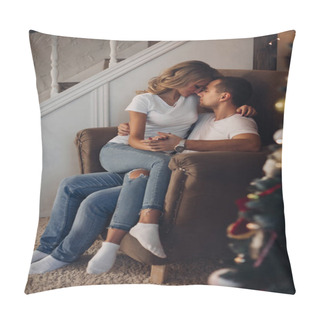 Personality  Loving Couple Sorting Presents By Christmas Tree. Pillow Covers