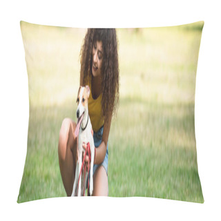 Personality  Panoramic Crop Of Young Woman Holding Jack Russell Terrier Dog Pillow Covers