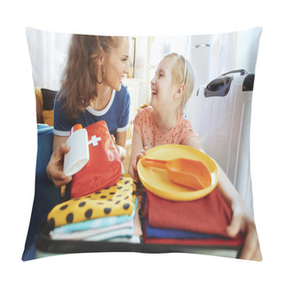 Personality  Mother And Child With Open Suitcase Suitcase Ready For Resort Pillow Covers