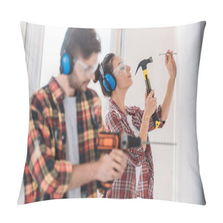 Personality  Young Couple In Protective Workwear Hammering And Drilling Wall Pillow Covers