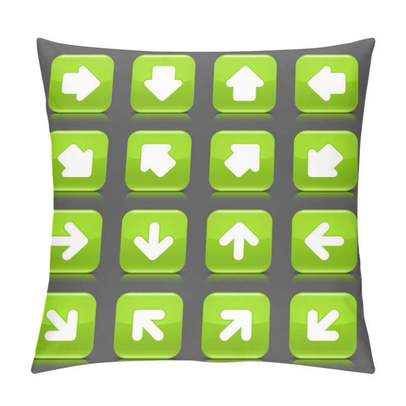 Personality  Green Glossy Web Button With White Arrow Sign. Rounded Square Shape Internet Icon With Shadow And Reflection On Dark Grey Background. This Vector Illustration Saved In 8 Eps Pillow Covers