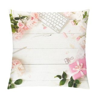 Personality  Flat Lay Women's Office Desk. Female Workspace With Keyboard,  Flowers Pale Pink Roses,  Gifts, Accessories On Wooden White Background. Top View Feminine Background.Copy Space Pillow Covers