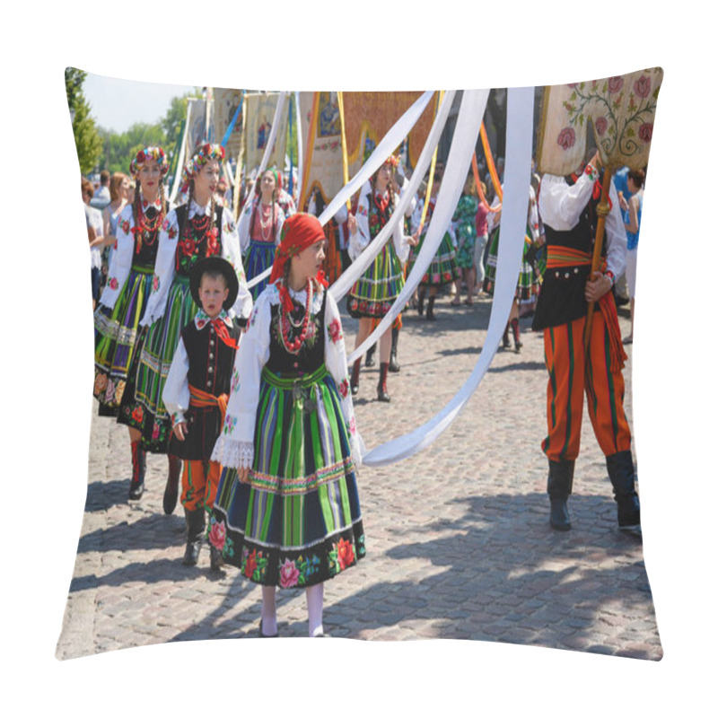Personality  Lowicz / Poland - May 31.2018: Corpus Christi church holiday procession. Local  women dressed in folk, regional costumes with colorful stripes, embroidered folklore symbols, white shirts. Sunny day.  pillow covers