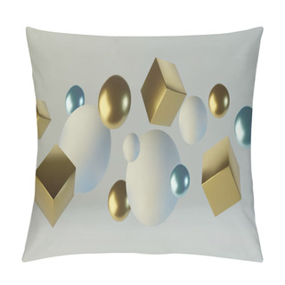 Personality  Realistic Spheres And Cubes. Abstract Background Of Primitive Geometric Figures. Design Element Of 3d Golden And Blue Ball And Box. Vector Illustration Pillow Covers