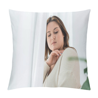Personality  Portrait Of Pretty Body Positive Woman Standing Near Blurred Curtains At Home  Pillow Covers