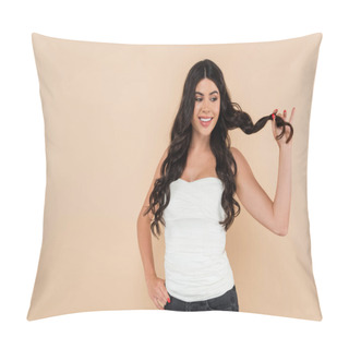 Personality  Pretty Brunette Woman Touching Wavy Hair While Posing Isolated On Beige  Pillow Covers