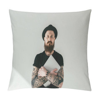 Personality  Handsome Bearded Tattooed Man Hugging Laptop And Looking At Camera On White Pillow Covers