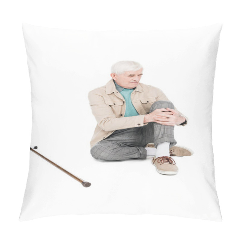 Personality  Retired Man Holding Knee While Having Arthritis Pain Isolated On White Pillow Covers