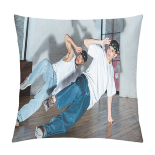 Personality  Spotlight On Handsome Multicultural Dancers In Headbands Posing While Dancing Hip-hop Pillow Covers