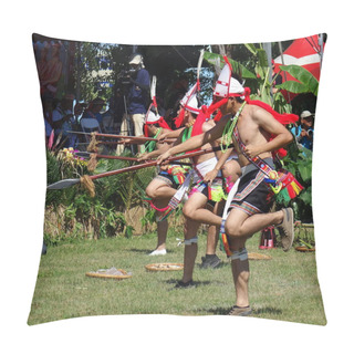 Personality  KAOHSIUNG, TAIWAN -- SEPTEMBER 29, 2018: Members Of The Indigenous Amis Tribe In Traditional Costumes Participate In The Yearly Harvest Festival. Pillow Covers