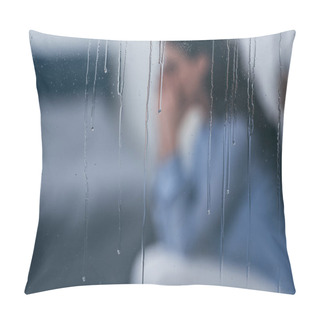 Personality  Selective Focus Of Raindrops On Windows With Sad Woman Sitting On Background Pillow Covers