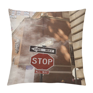 Personality  Road Signs Near Steam And Vintage Buildings On Street Of New York City, Urban Environment Scene Pillow Covers