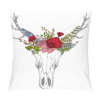 Personality  Cow, Buffalo, Bull Skull In Tribal Style With Flowers. Bohemian, Boho Vector Illustration. Wild And Free Ethnic Gypsy Symbol. Pillow Covers