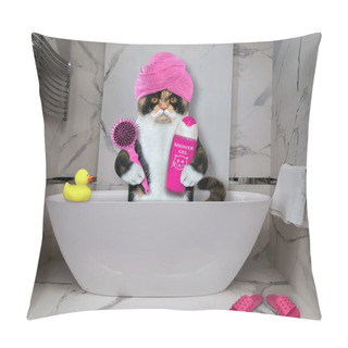 Personality  A Multi Colored Cat With A Pink Towel Around Its Head Is Taking A Bath At The Hotel. Pillow Covers