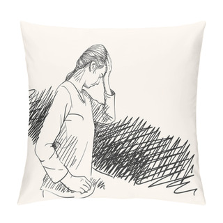 Personality  Sketch Of Young Woman Has Headache Holding Hand On Her Head With Cross-hatched Dark Backdrop, Hand Drawn Vector Portrait In Profile Pillow Covers