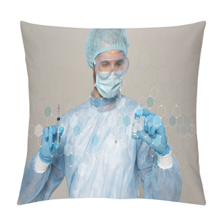 Personality  Doctor In Medical Mask And Protective Googles Holding Jar Of Vaccine And Syringe Isolated On Grey, Cells Illustration Pillow Covers