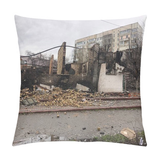 Personality  Borodyanka, Kyiv Region, Ukraine. April 08, 2022: Destroyed Building After Russian Occupation  Pillow Covers