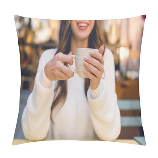 Personality  Cropped View Of Cheerful Girl Holding Cup With Coffee In Cafe  Pillow Covers