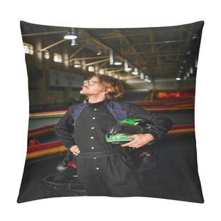 Personality  Go Kart Driver In Glasses And Sportswear Standing With Racing Helmet Inside Of Indoor Circuit Pillow Covers