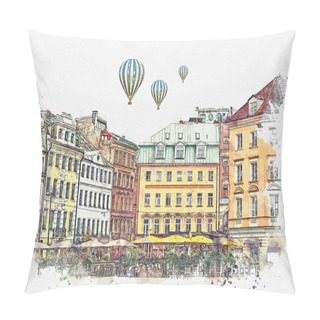 Personality  A Watercolor Sketch Or An Illustration Of A Beautiful View Of The Architecture Of Riga. Pillow Covers