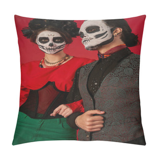 Personality  Woman In Skull Makeup And Black Wreath Looking At Camera Near Man On Red, Dia De Los Muertos Couple Pillow Covers