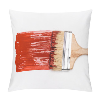 Personality  Top View Of Paintbrush Near Colorful Red Paint Brushstroke On White Background Pillow Covers