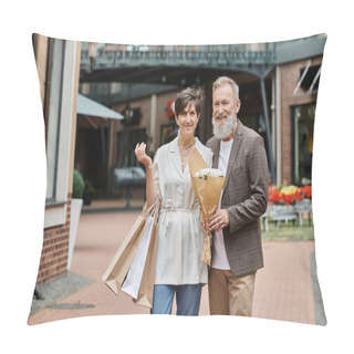 Personality  Happy Elderly Couple, Shopping, Bouquet Of Flowers, Romance, Active Seniors, Aging Population, City Pillow Covers