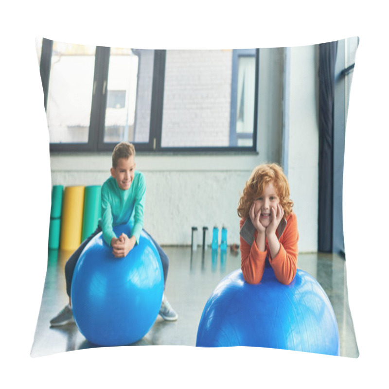 Personality  Two Joyful Preadolescent Boys Exercising On Fitness Balls And Smiling Cheerfully, Child Sport Pillow Covers
