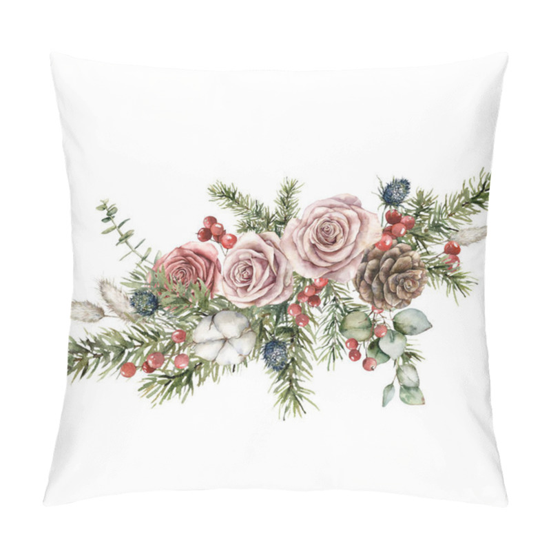 Personality  Watercolor Christmas bouquet of roses, pine cones, cotton and fir branches. Hand painted holiday card of flowers and plants isolated on white background. Illustration for design, print or background pillow covers