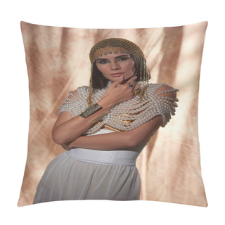 Personality  Fashionable Brunette Woman In Egyptian Look And Pearl Top Looking At Camera On Abstract Background Pillow Covers