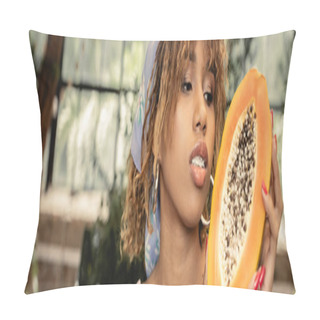 Personality  Portrait Of Young African American Woman In Headscarf Holding Fresh Cut Papaya While Spending Time In Blurred Indoor Garden At Background, Stylish Lady Blending Fashion And Nature, Banner  Pillow Covers