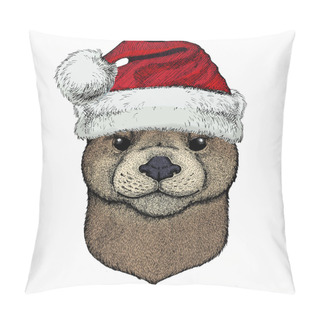 Personality  Vector Portrait Of Otter. Red Santa Claus Hat. Head Of Wild Animal. Christmas Winter Animal. Pillow Covers