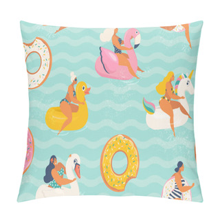 Personality  Young Women Relaxing And Sunbathing On Inflatable Rings Of Different In Shape Of Duck, Unicorn, White Swan, Donut, Flamingo In Swimming Pool. Vector Illustration. Pillow Covers