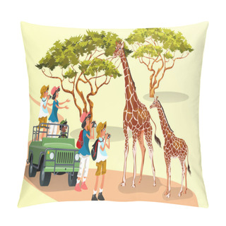 Personality  Cheerful Cartoon Visitors With Cameras Walking In Nature With Giraffes Pillow Covers