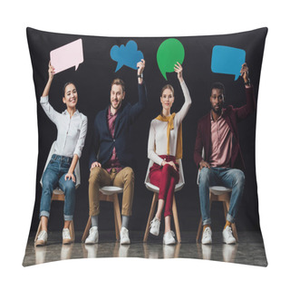 Personality  Smiling Multiethnic People Holding Speech Bubbles And Thought Bubble Isolated On Black Pillow Covers