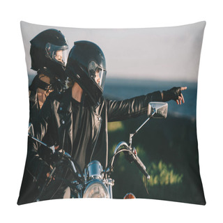 Personality  Bikers In Helmets On Motorcycle, Man Showing Something To Girlfriend Pillow Covers