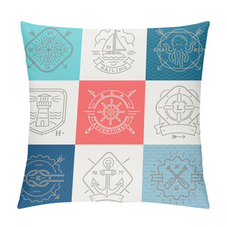Personality  Nautical, Adventures And Travel Emblems Signs And Labels - Line Drawing Vector Illustration Pillow Covers