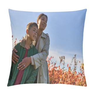 Personality  Happy African American Mother In Autumnal Clothes Embracing Son, Fall Season, Golden Leaves Pillow Covers